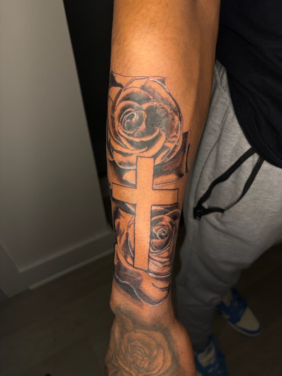 Black & Grey + Floral cross tattoo on Forearm by 33_Tattoos on TattMe