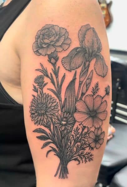 Floral + Black & Grey flowers tattoo on Upper Arm by Wraithtattoos on TattMe