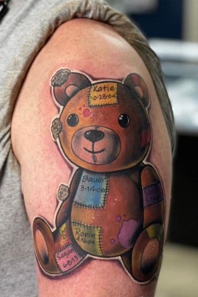 Color + Illustrative teddy bear tattoo on Upper Arm by Wraithtattoos on TattMe