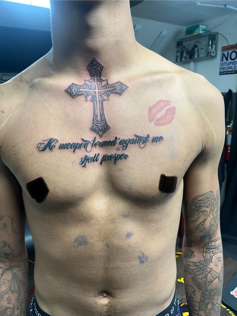 Script + Symbolic cross tattoo on Chest by Kingslayer_Tattoo_Parlor on TattMe