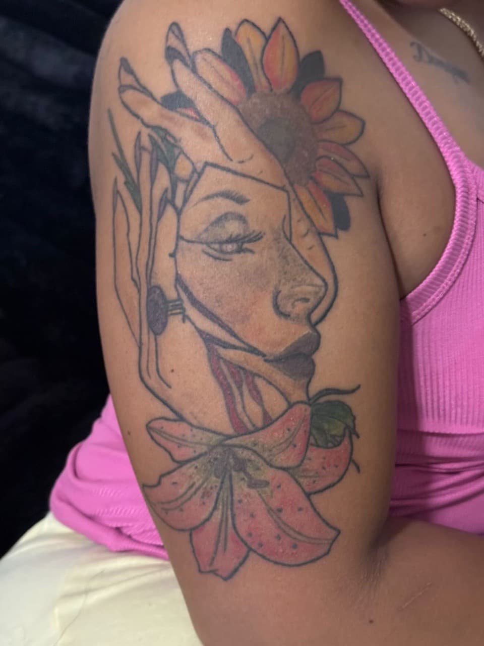 Illustrative + Color woman tattoo on Upper Arm by Kingslayer_Tattoo_Parlor on TattMe