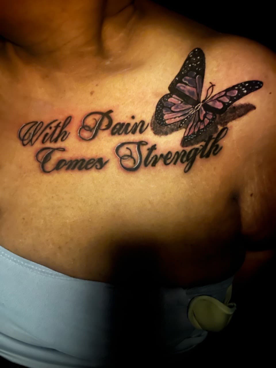 Lettering + Script butterfly tattoo on Chest by Kingslayer_Tattoo_Parlor on TattMe
