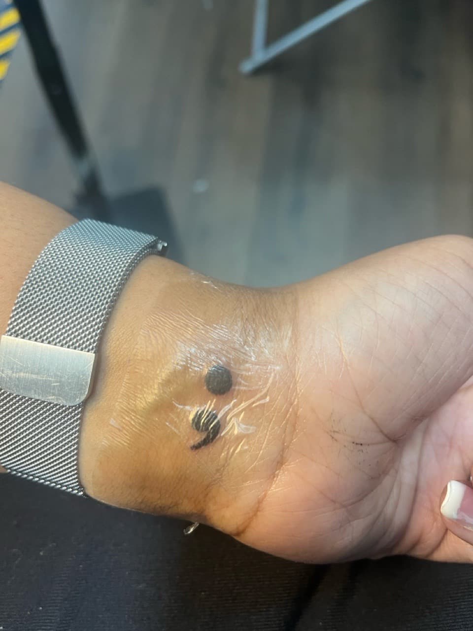 Minimalist + Fine Line semicolon tattoo on Wrist by Kingslayer_Tattoo_Parlor on TattMe