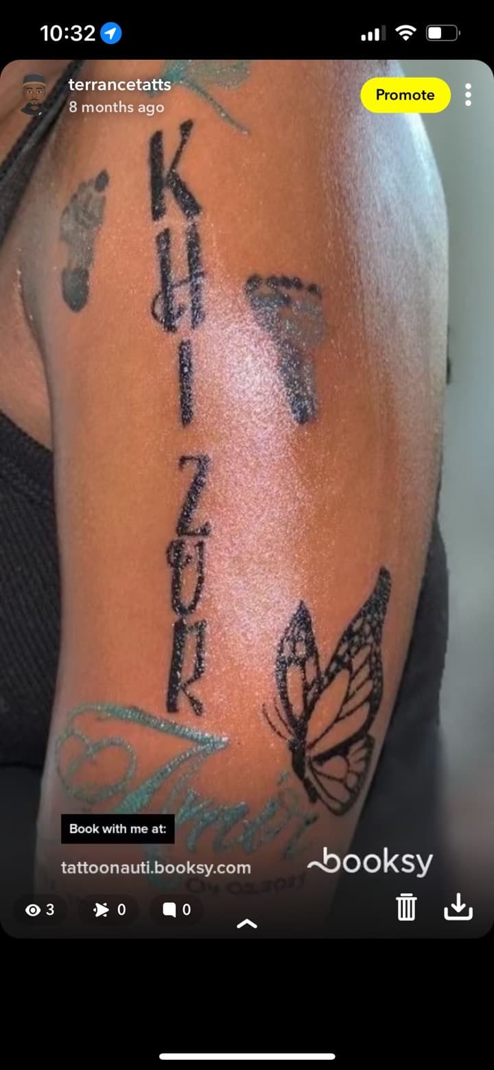 Lettering + Script butterfly tattoo on Upper Arm by Kingslayer_Tattoo_Parlor on TattMe