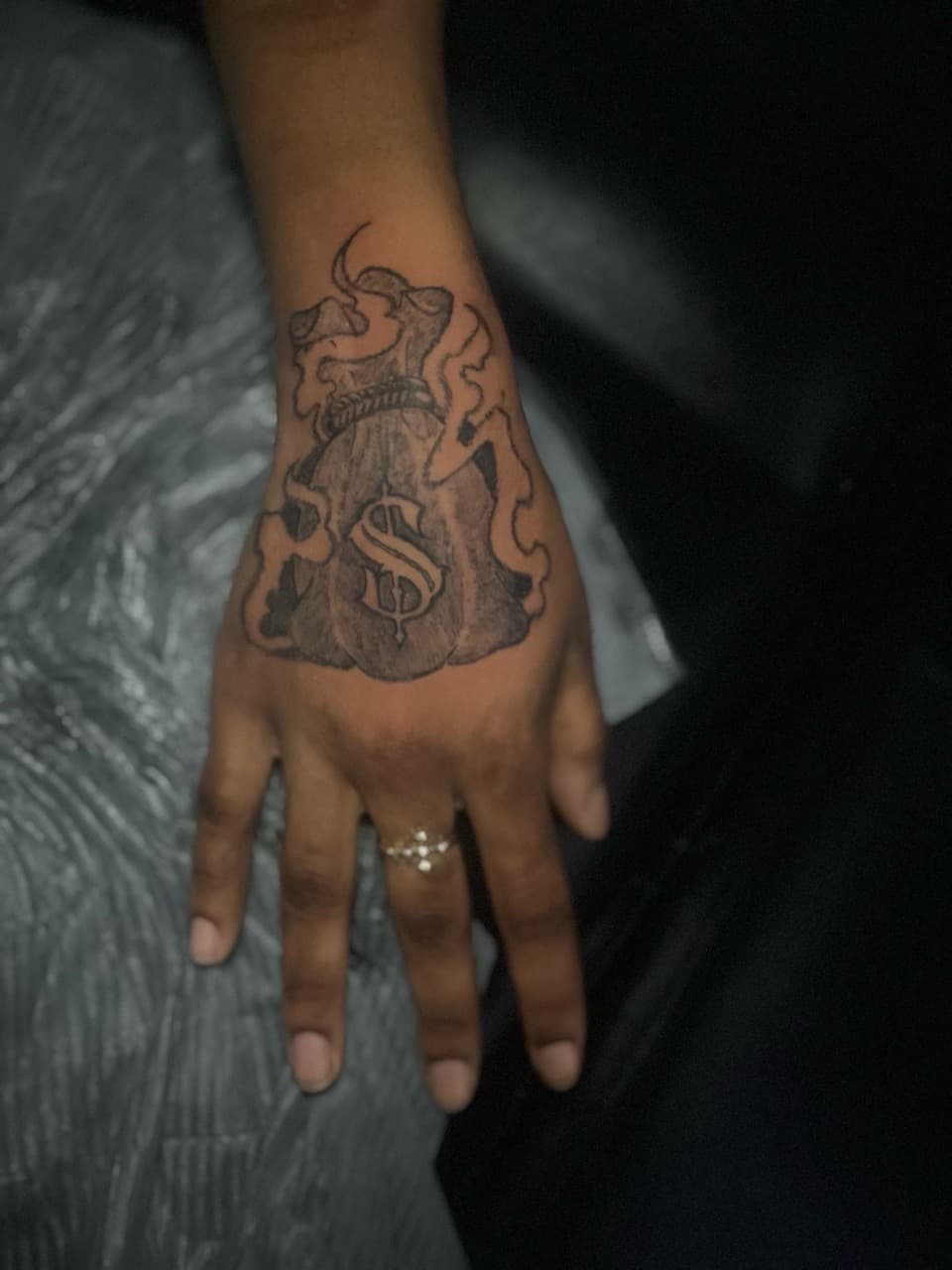 Black & Grey + Line-work money bag tattoo on Hand by Kingslayer_Tattoo_Parlor on TattMe