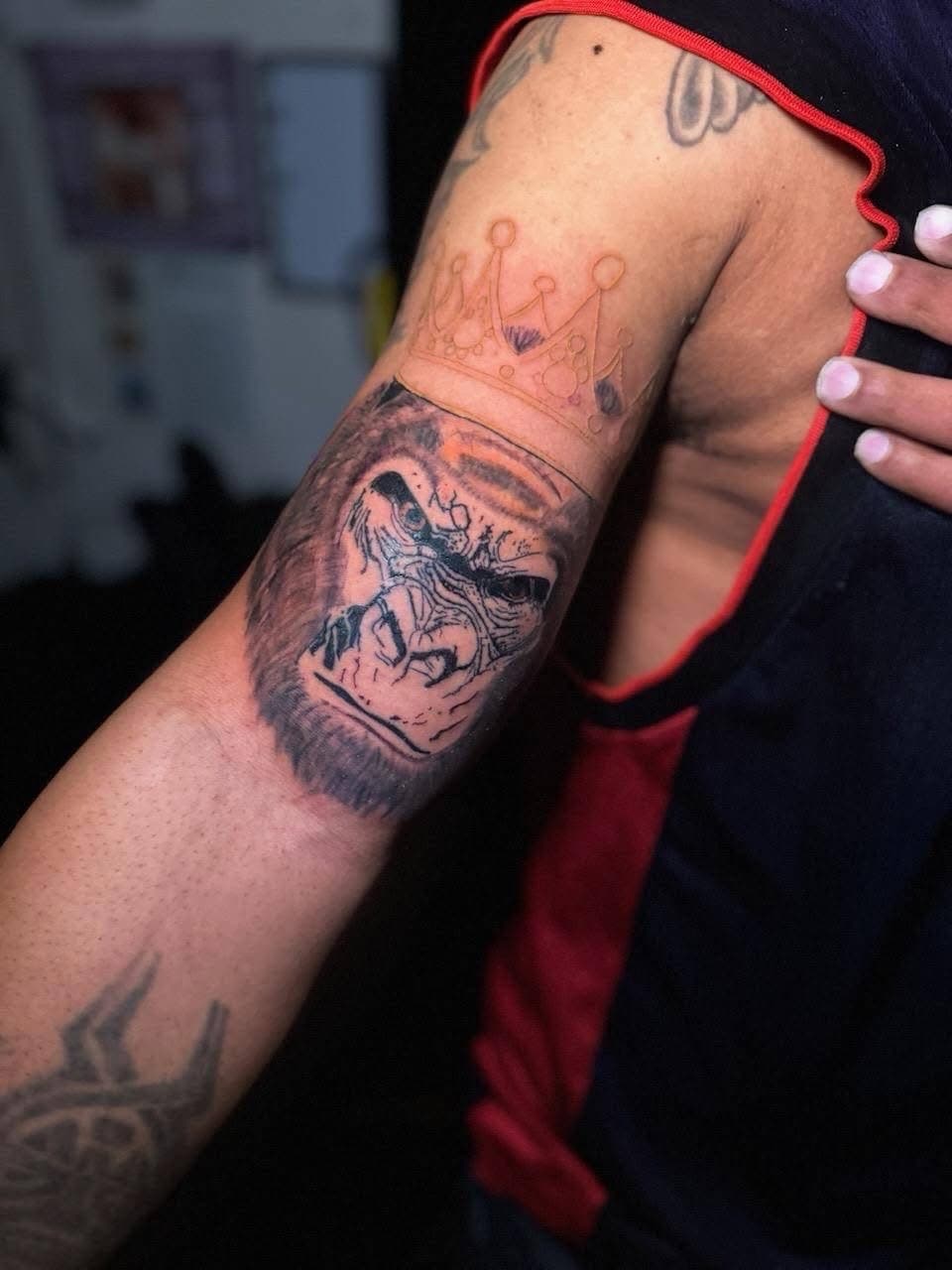 Black & Grey + Illustrative gorilla tattoo on Upper Arm by Kingslayer_Tattoo_Parlor on TattMe
