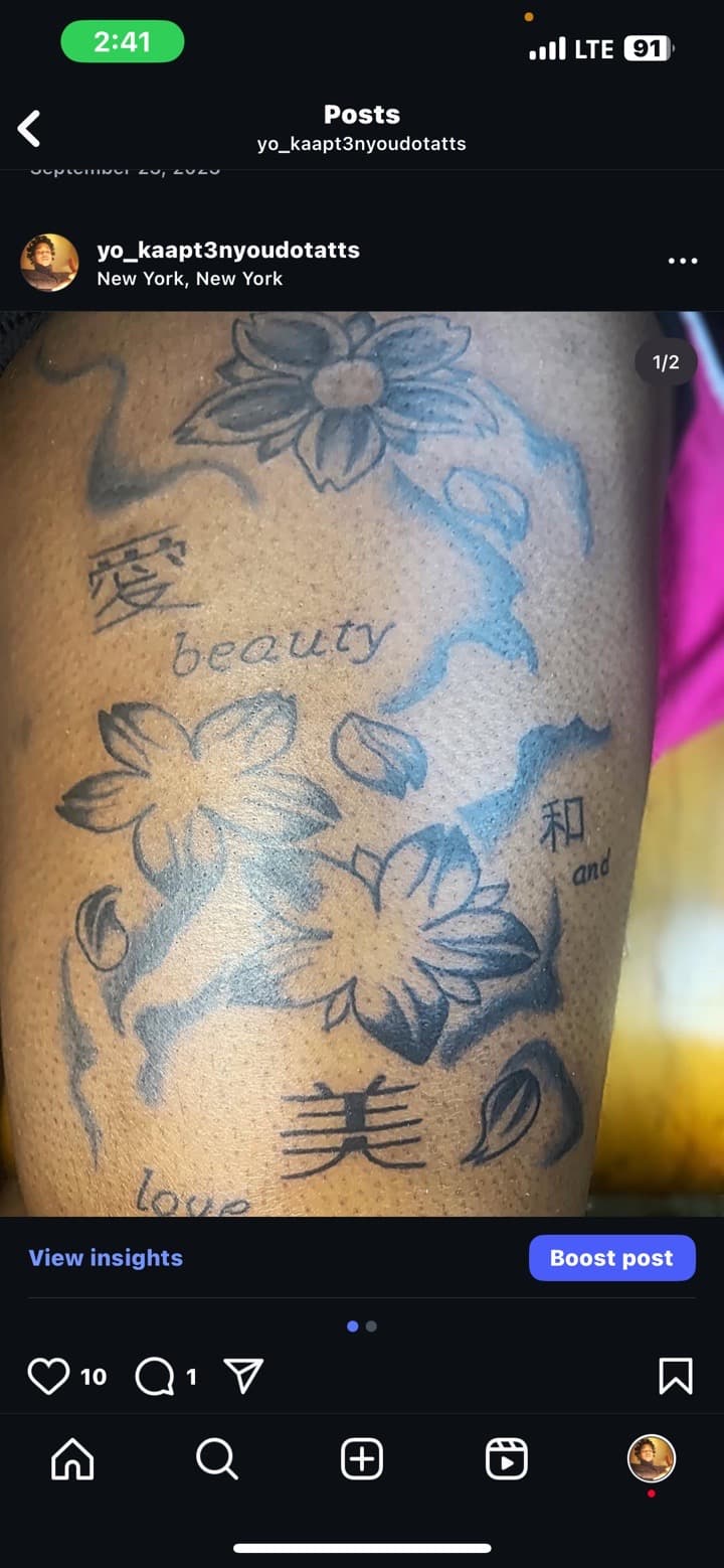 Black-work + Floral flowers tattoo on Thigh by Kaapt3ntattoos on TattMe