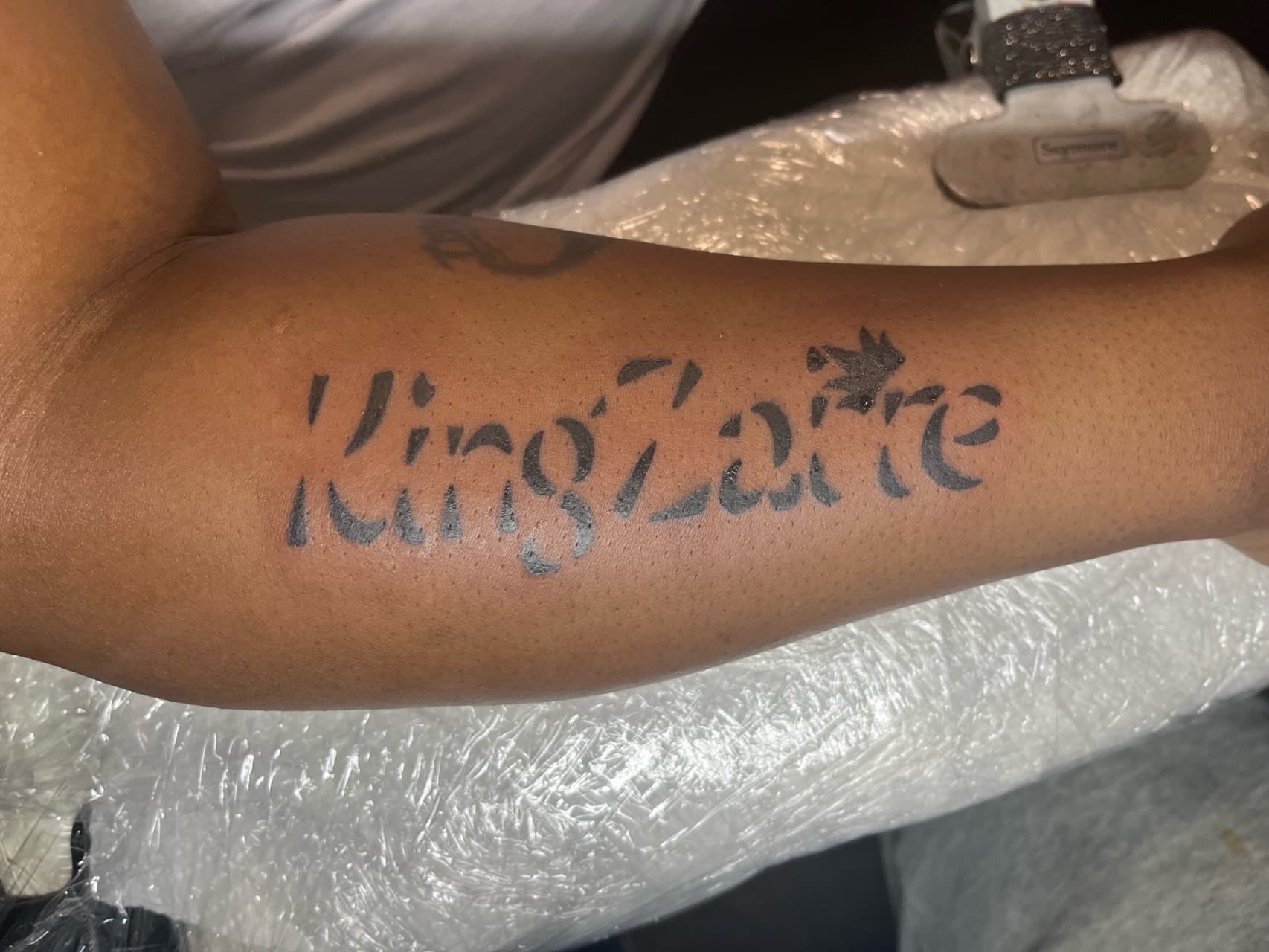 Lettering + Black-work name tattoo on Forearm by Kaapt3ntattoos on TattMe