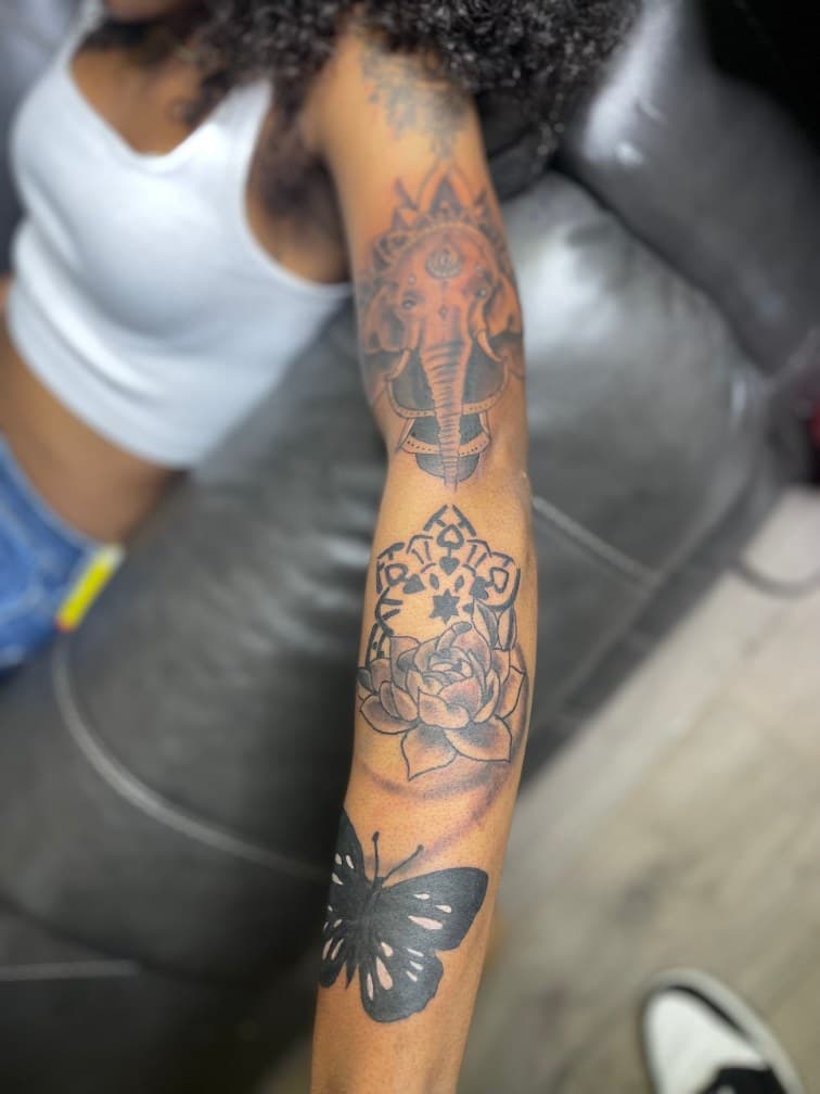 Black & Grey + Mandala elephant tattoo on Forearm by LV on TattMe
