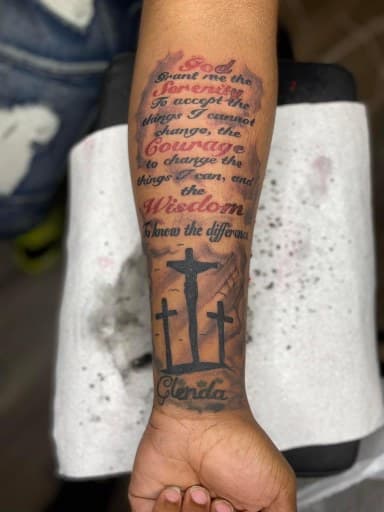Lettering + Script crosses tattoo on Forearm by LV on TattMe