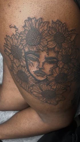 Fine Line + Floral woman tattoo on Thigh by LV on TattMe