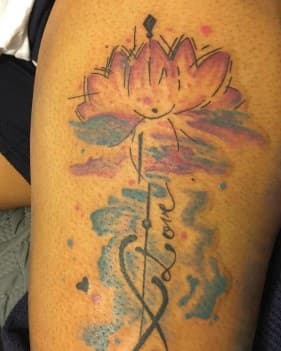 Watercolor + Script lotus tattoo on Thigh by LV on TattMe