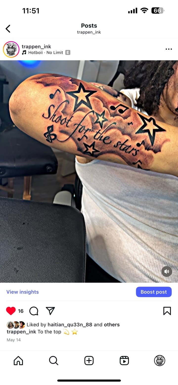 Lettering + Black & Grey stars tattoo on Upper Arm by LV on TattMe