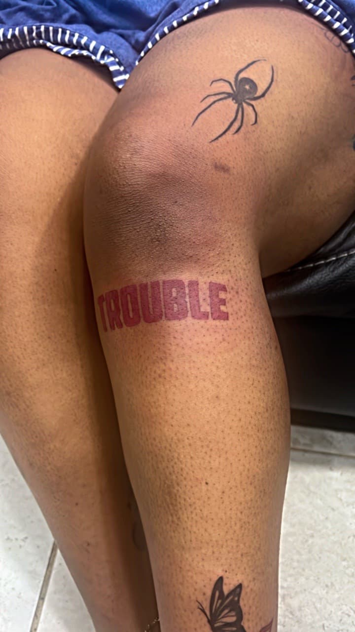Black-work + Lettering spider tattoo on Knee by LV on TattMe