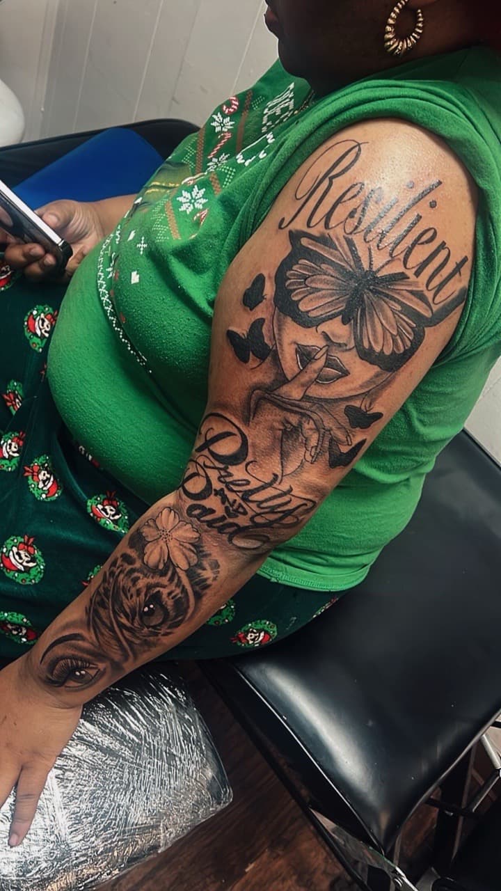 Black & Grey + Illustrative woman tattoo on Full Sleeve by LV on TattMe