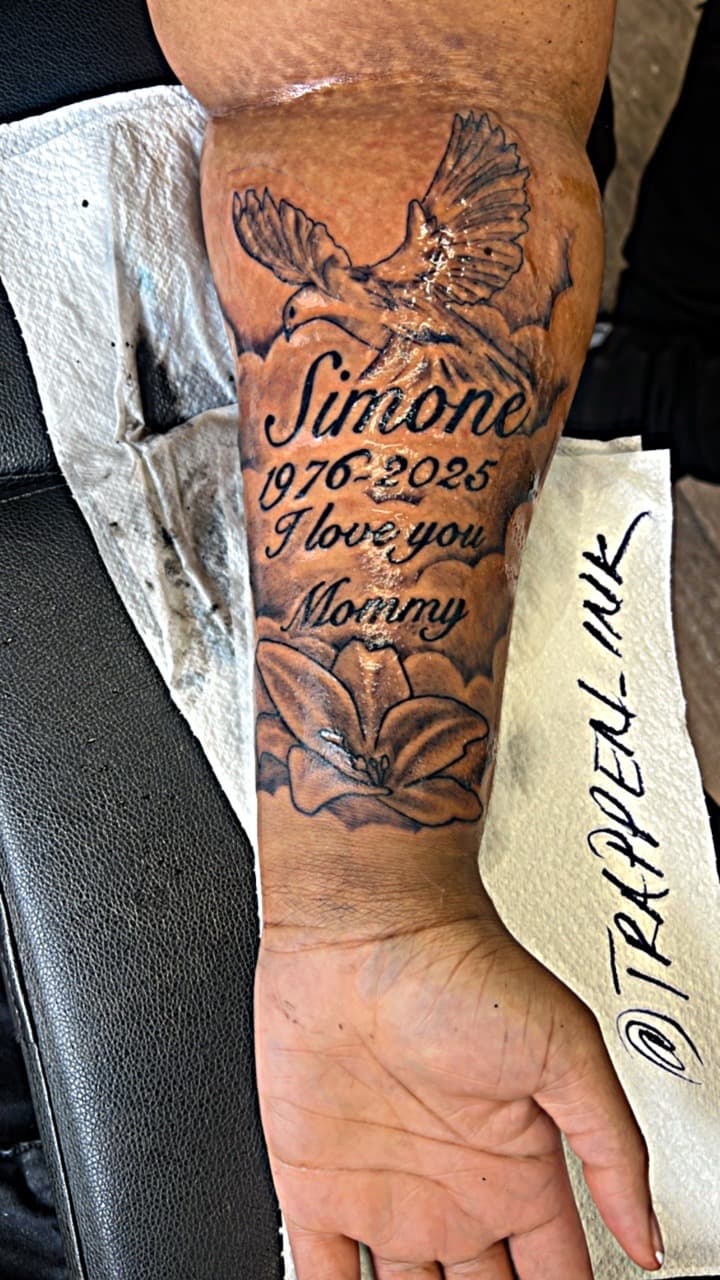 Black & Grey + Lettering dove tattoo on Forearm by LV on TattMe