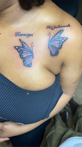 Color + Lettering butterflies tattoo on Chest by LV on TattMe