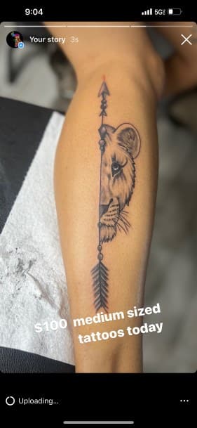 Black & Grey + Fine Line lion tattoo on Calf by LV on TattMe