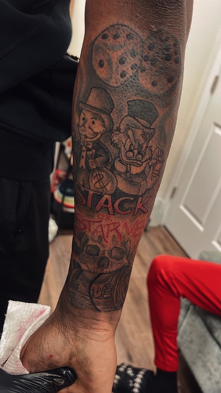 Black & Grey + Illustrative monopoly man tattoo on Forearm by LV on TattMe