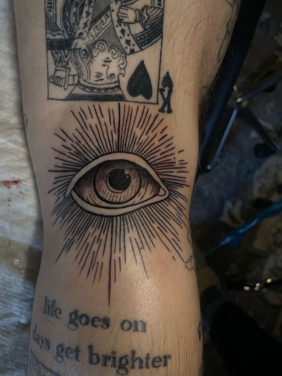 Black-work + Illustrative eye tattoo on Knee by all_saints_social on TattMe