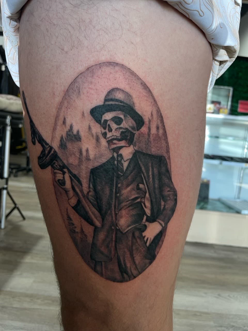 Black & Grey + Illustrative skeleton tattoo on Thigh by all_saints_social on TattMe