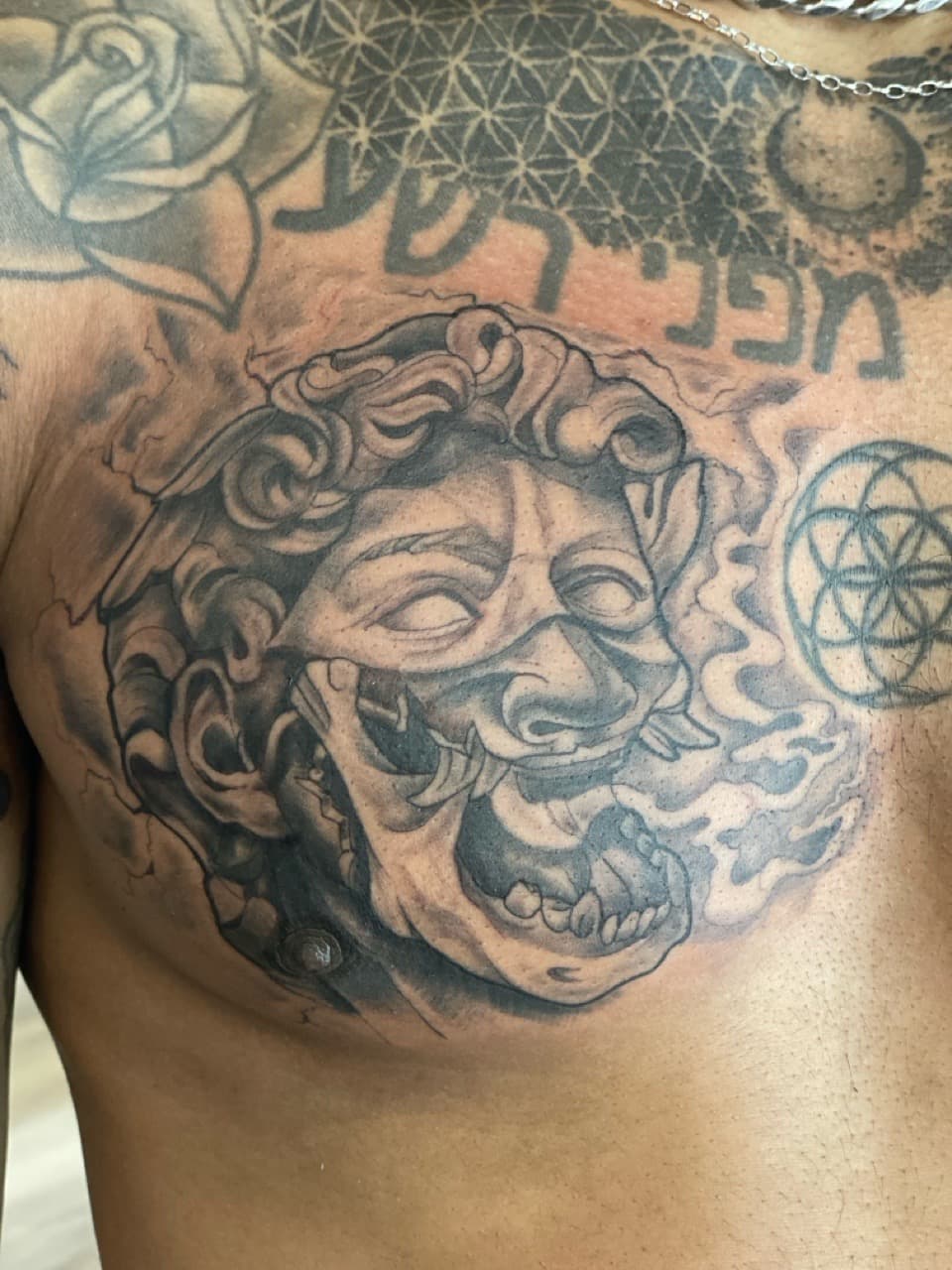 Black & Grey + Illustrative bust tattoo on Chest by all_saints_social on TattMe
