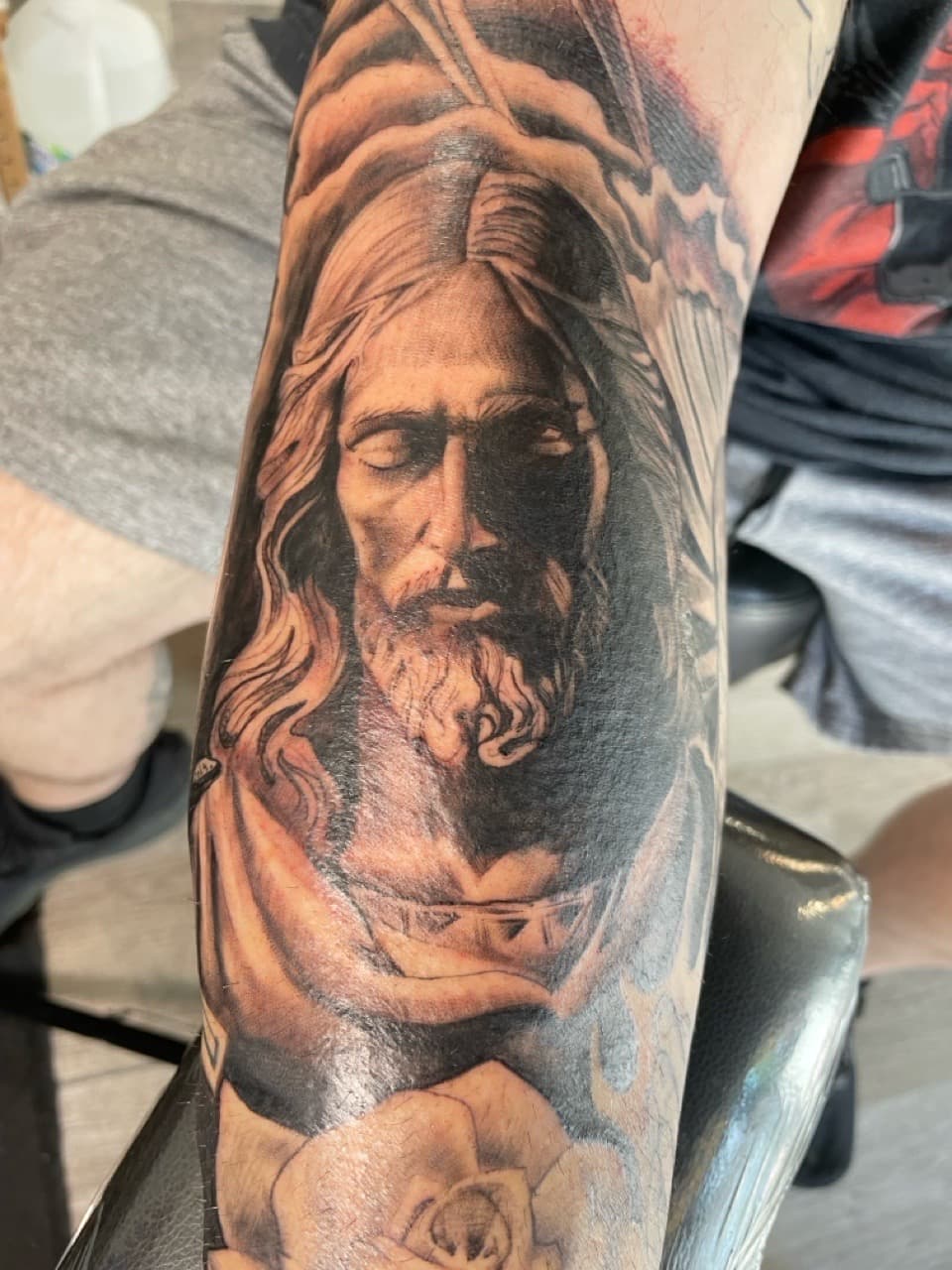 Realism + Black & Grey jesus tattoo on Forearm by all_saints_social on TattMe