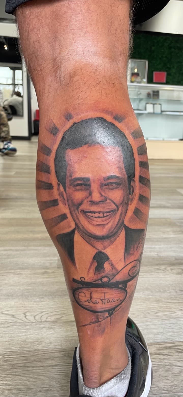 Realism + Black & Grey man tattoo on Calf by all_saints_social on TattMe