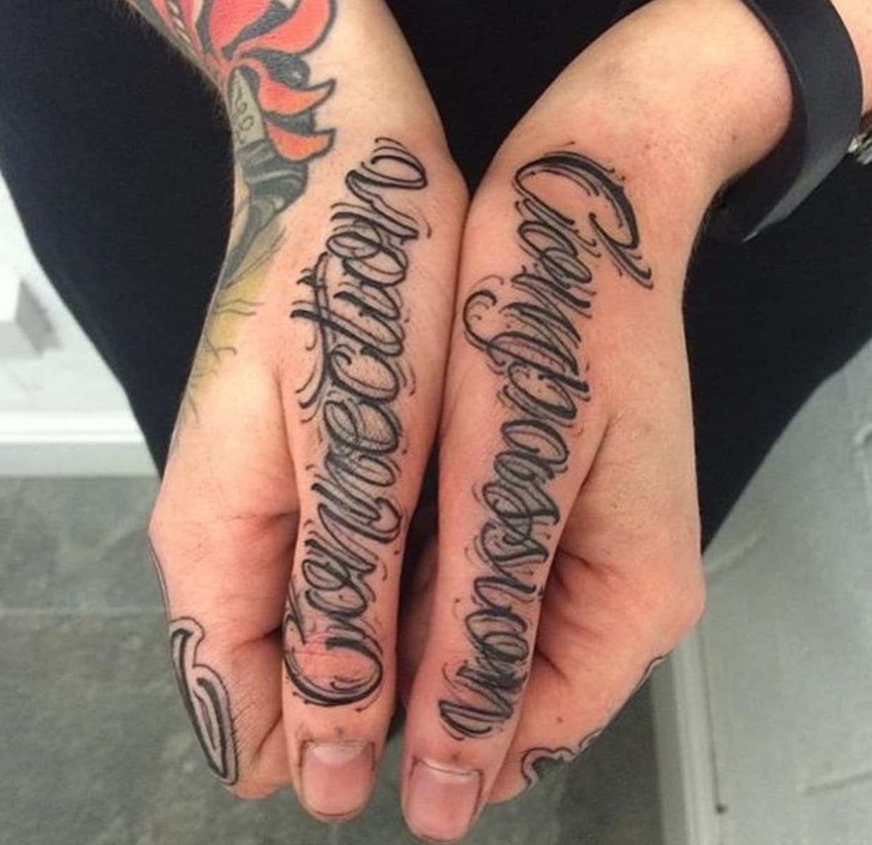 Lettering + Script connection tattoo on Fingers by all_saints_social on TattMe