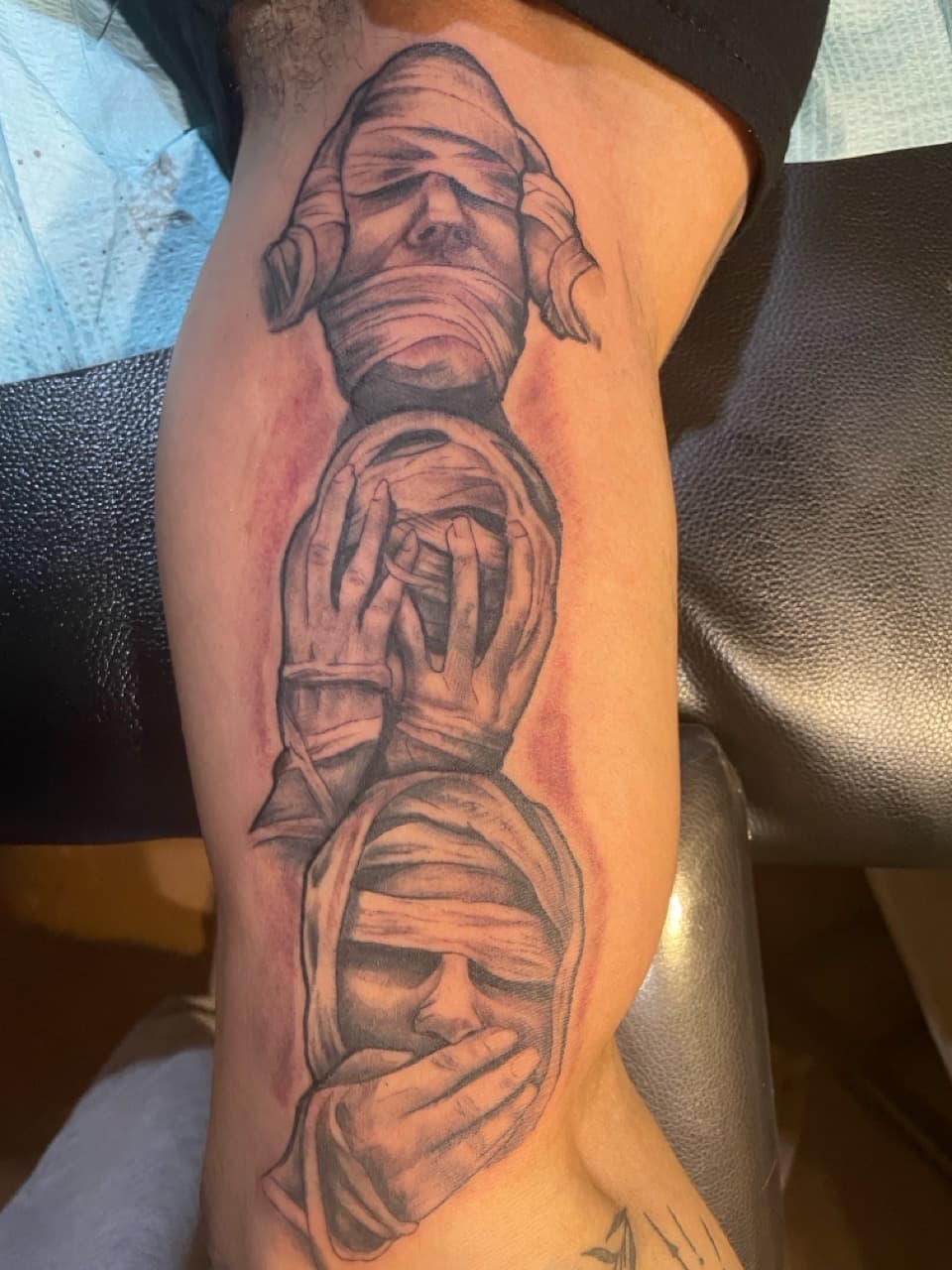 Black & Grey + Illustrative mummies tattoo on Calf by all_saints_social on TattMe
