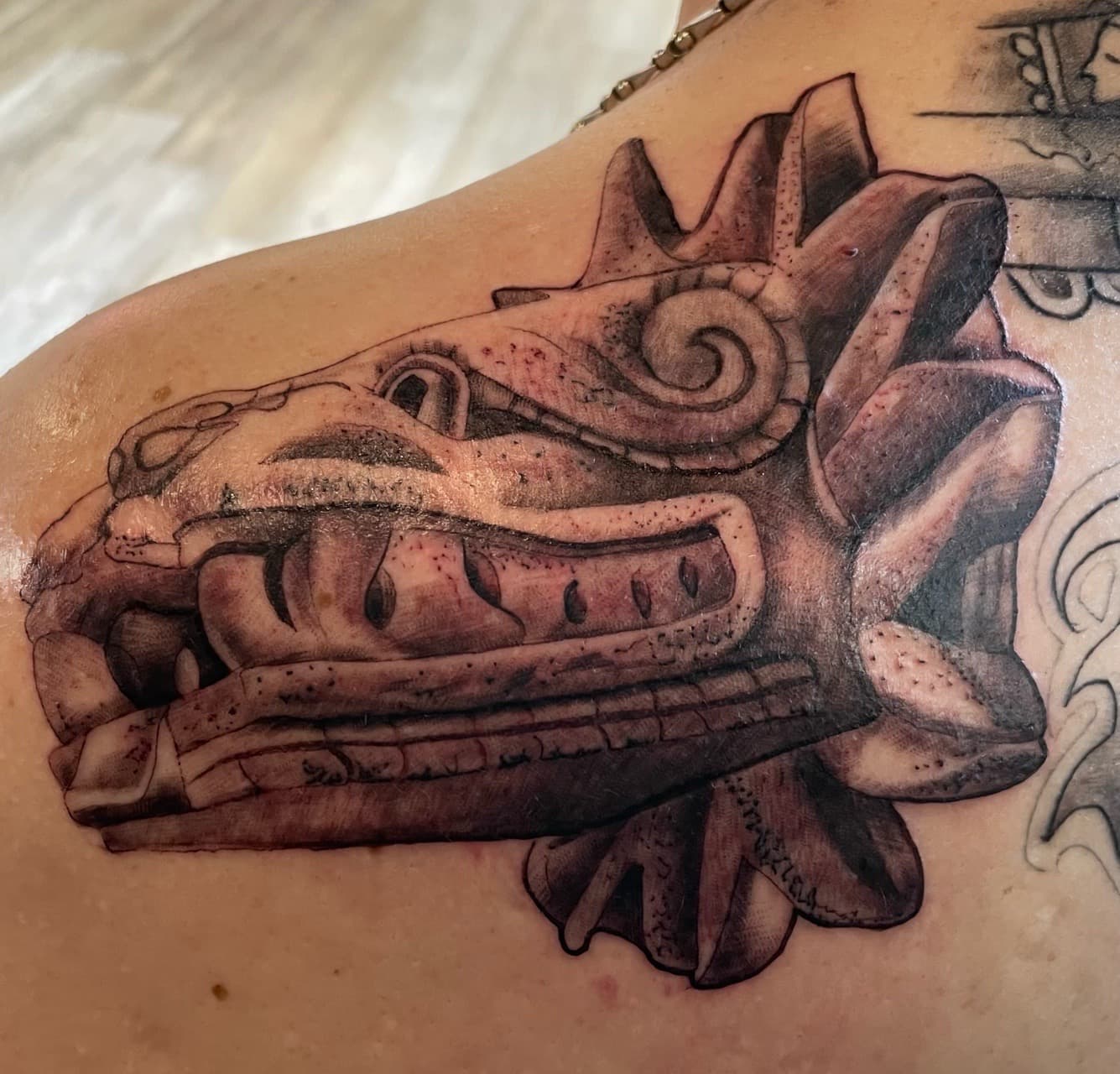 Black & Grey + Illustrative feathered serpent tattoo on Shoulder Blade by all_saints_social on TattMe