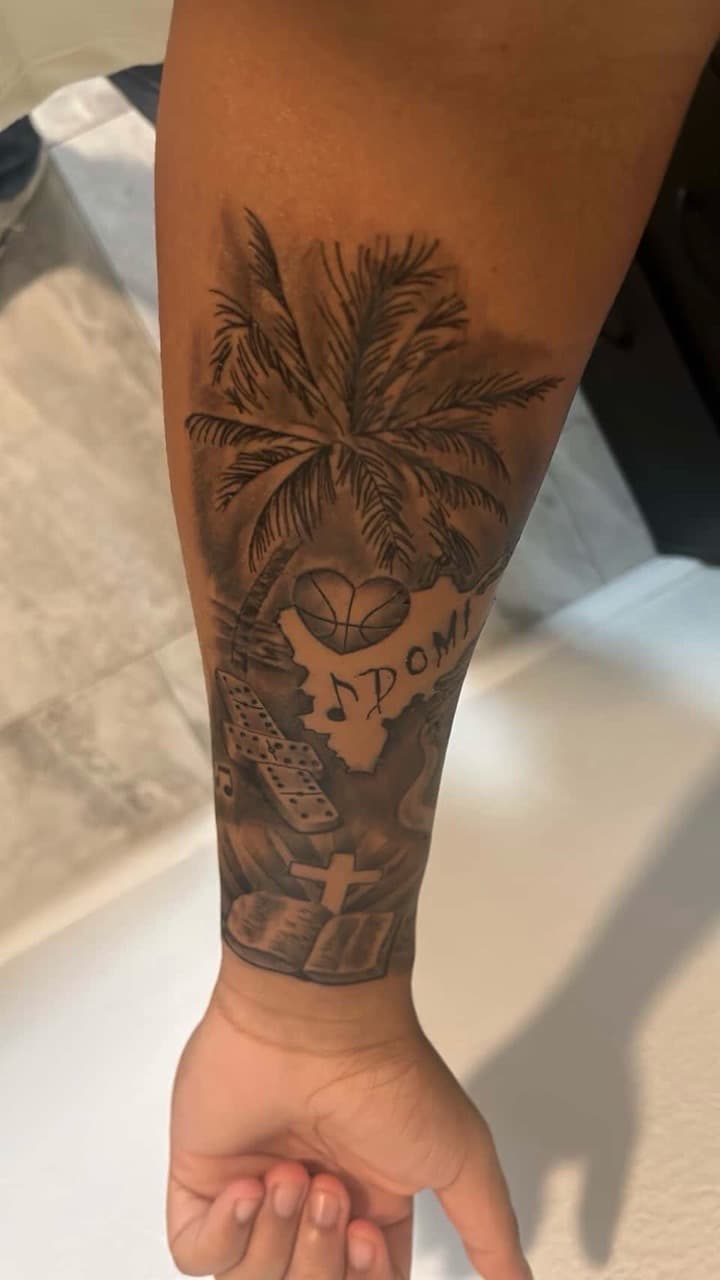 Black & Grey + Illustrative palm tree tattoo on Forearm by MauryTatz on TattMe