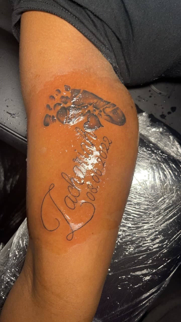 Black & Grey + Fine Line script tattoo on Upper Arm by MauryTatz on TattMe