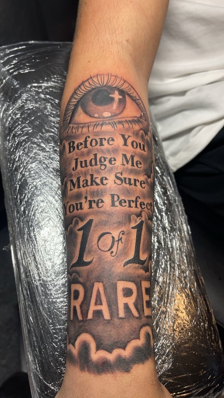 Black & Grey + Lettering eye tattoo on Forearm by MauryTatz on TattMe
