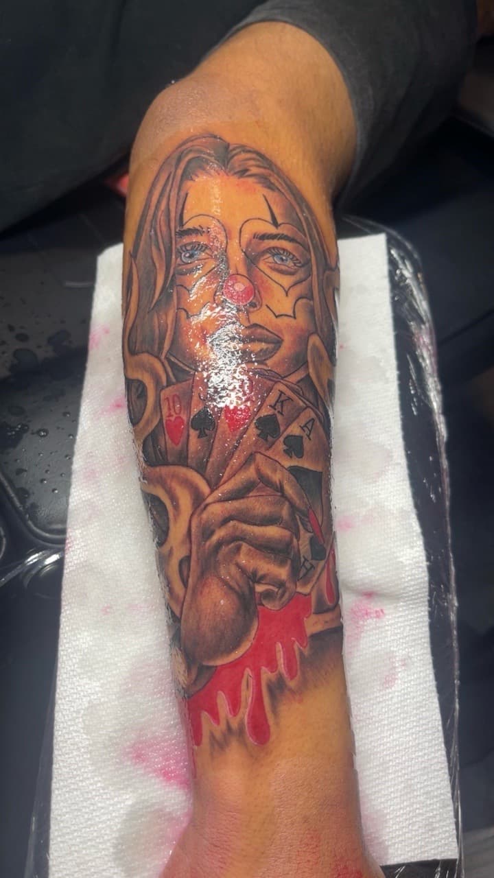 Chicano + Black & Grey clown tattoo on Forearm by MauryTatz on TattMe