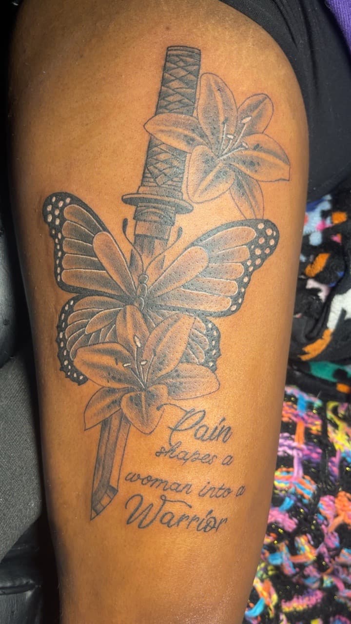 Black & Grey + Floral katana tattoo on Thigh by MauryTatz on TattMe