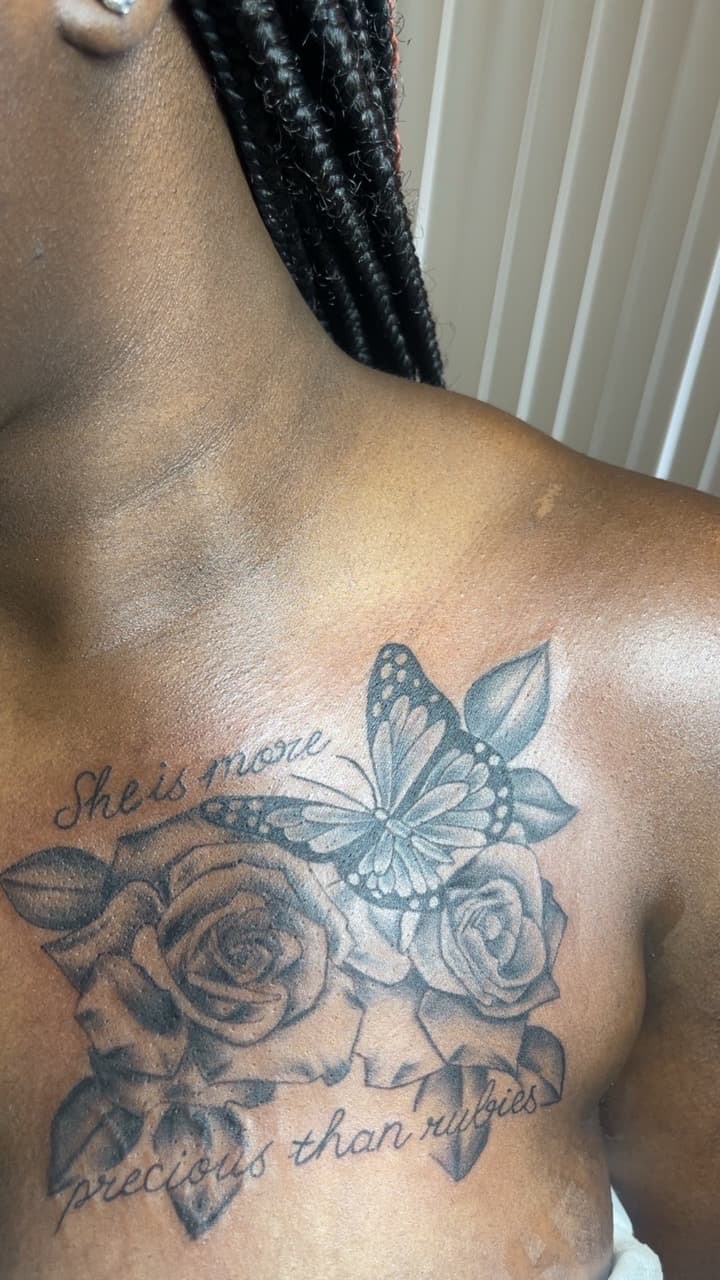 Black & Grey + Floral butterfly tattoo on Chest by MauryTatz on TattMe