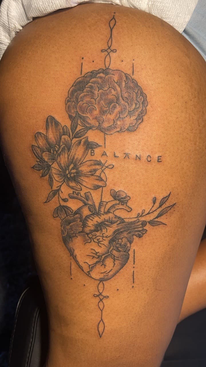 Fine Line + Black & Grey brain tattoo on Thigh by MauryTatz on TattMe