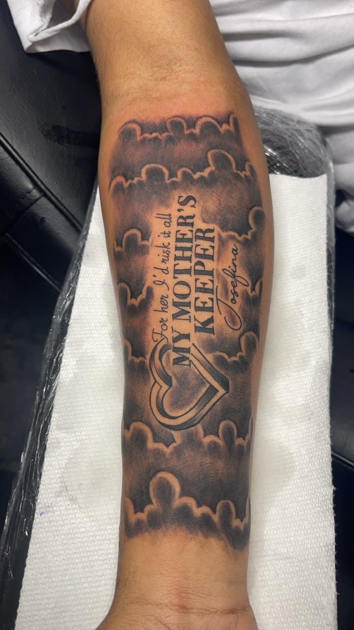 Black & Grey + Lettering clouds tattoo on Forearm by MauryTatz on TattMe