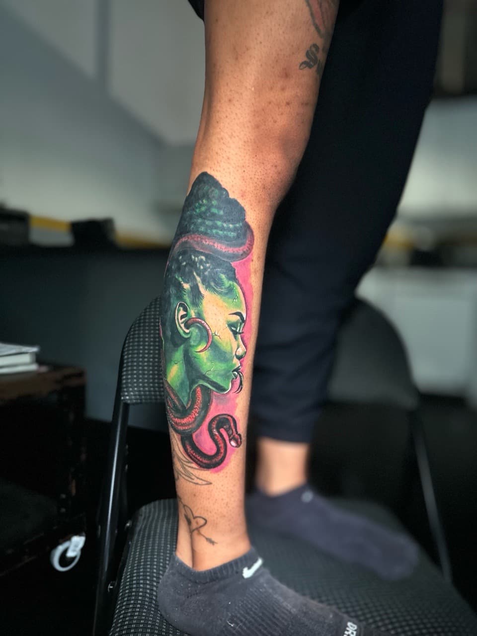 Color + Illustrative woman tattoo on Calf by J.R._Outlaw on TattMe