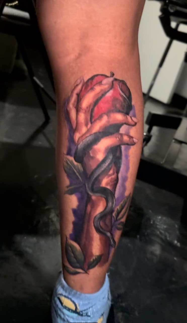 Color + Illustrative hand tattoo on Calf by J.R._Outlaw on TattMe