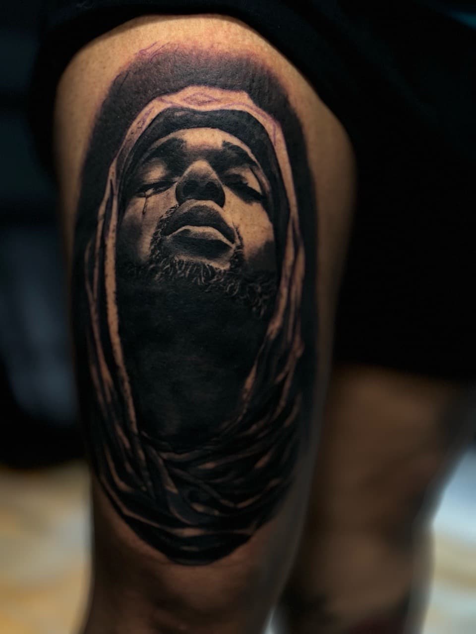 Black & Grey + Realism man tattoo on Thigh by J.R._Outlaw on TattMe