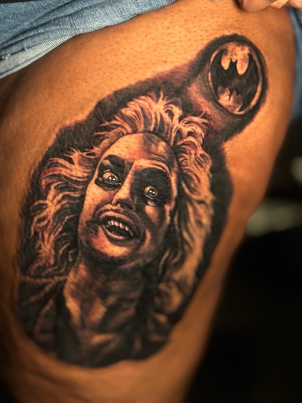 Realism + Black & Grey beetlejuice tattoo on Thigh by J.R._Outlaw on TattMe
