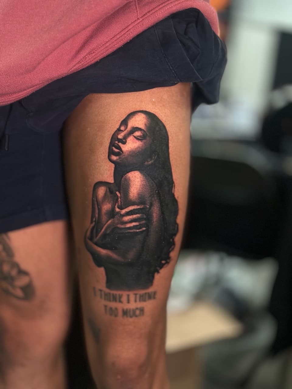 Black & Grey + Realism woman tattoo on Thigh by J.R._Outlaw on TattMe