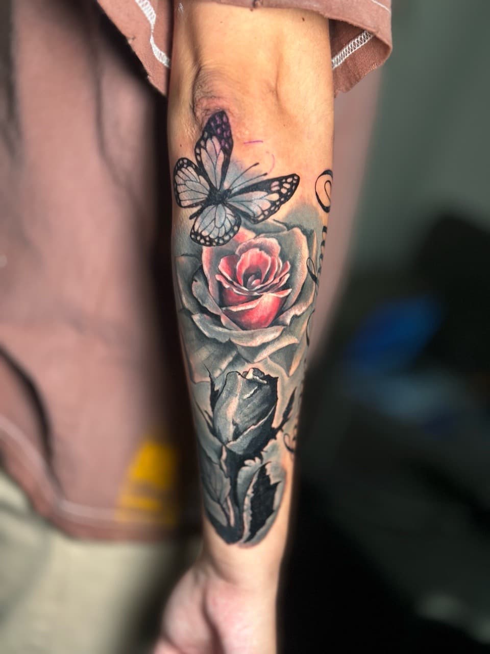 Black & Grey + Floral butterfly tattoo on Forearm by J.R._Outlaw on TattMe