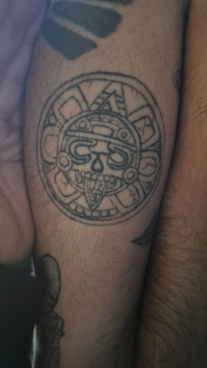 Line-work + Black-work aztec tattoo on Forearm by mimsey_ink on TattMe