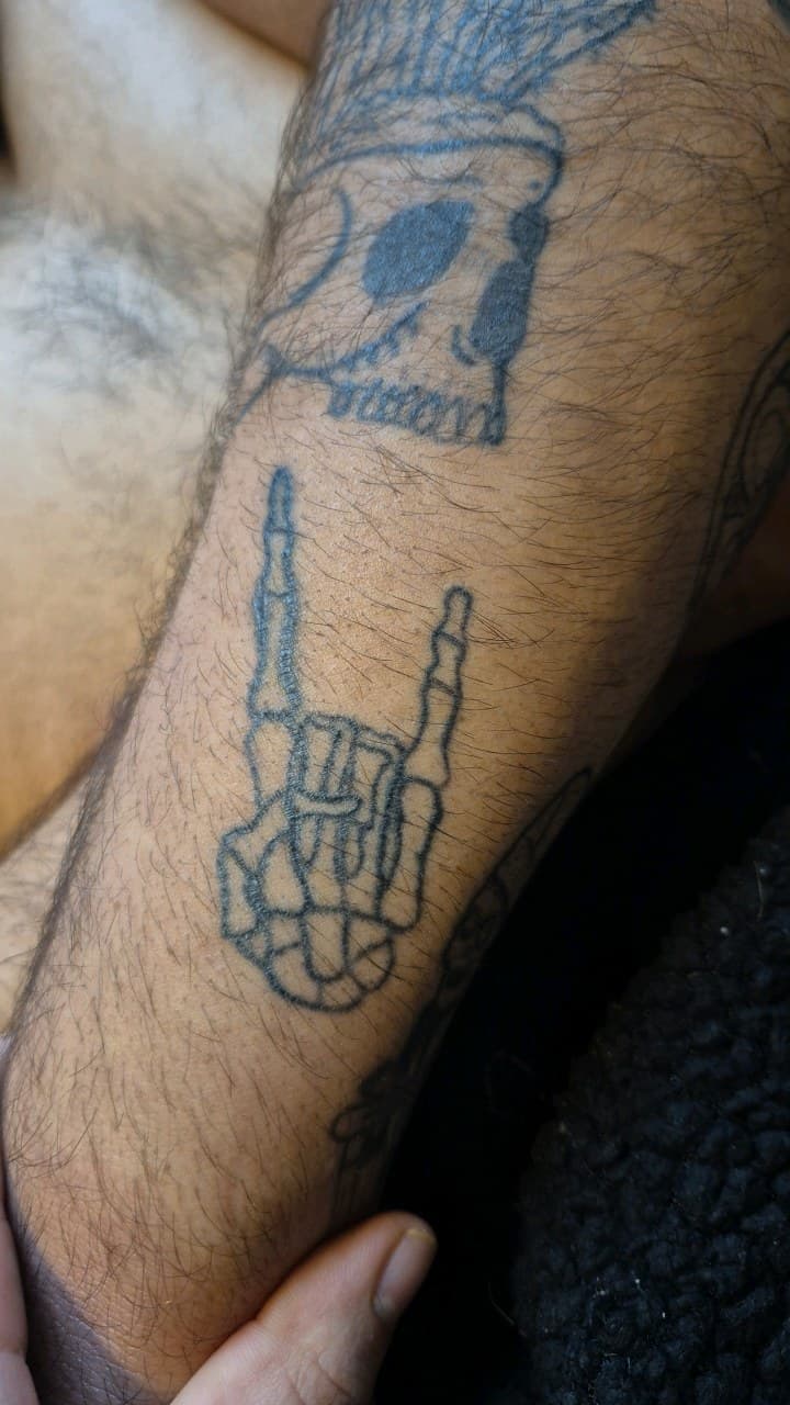 Line-work + Black-work skeleton tattoo on Forearm by mimsey_ink on TattMe