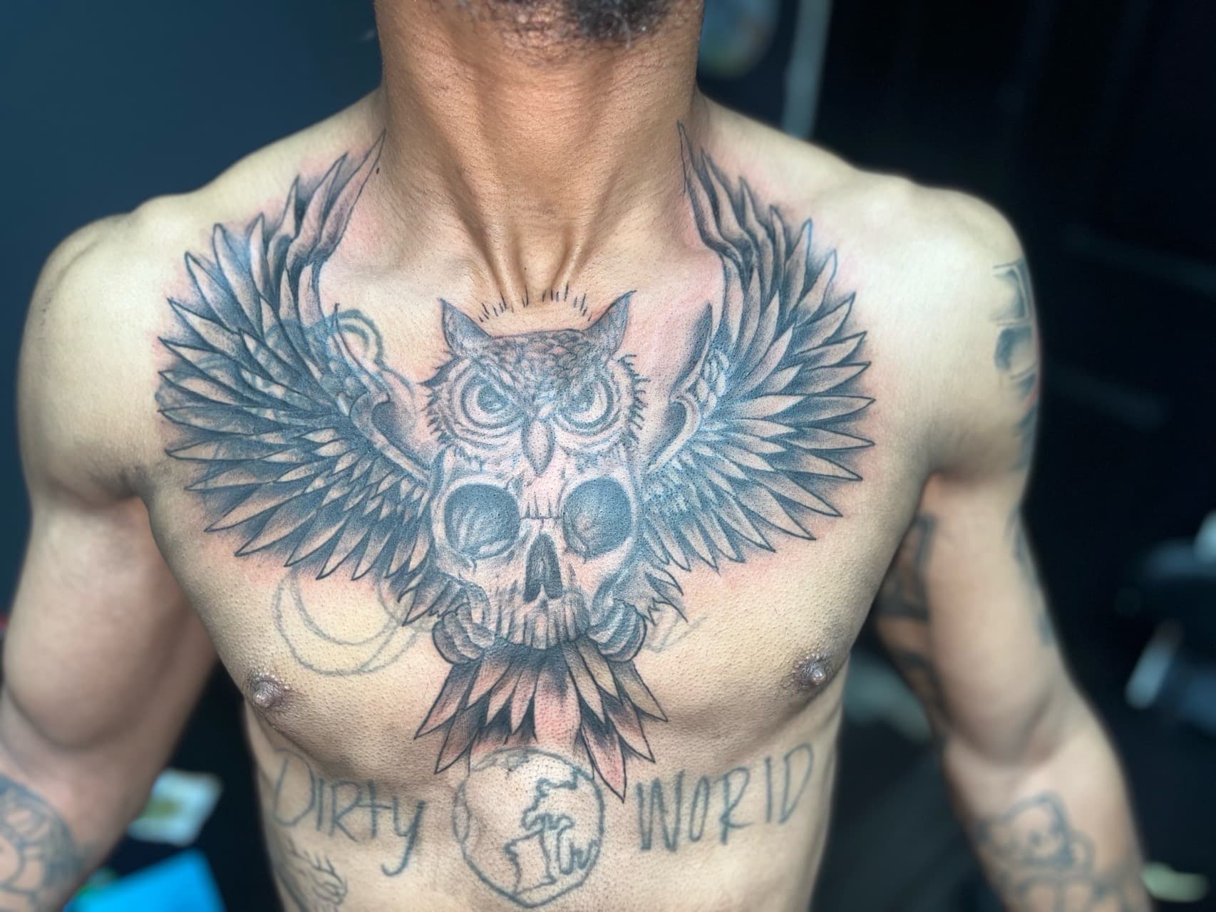 Black & Grey + Illustrative owl tattoo on Chest by staylitink on TattMe