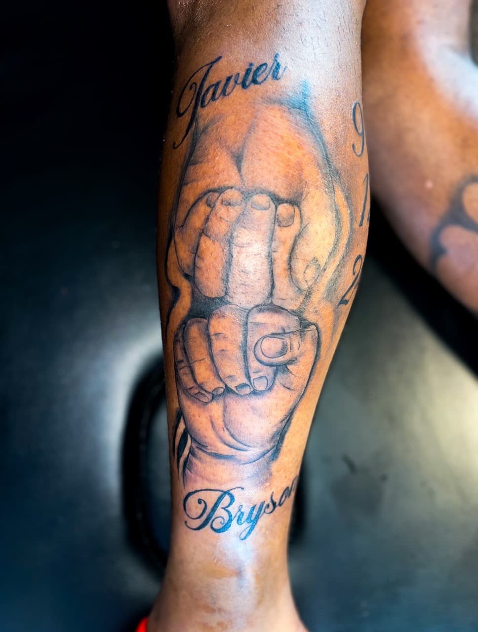 Black & Grey + Lettering hands tattoo on Calf by staylitink on TattMe