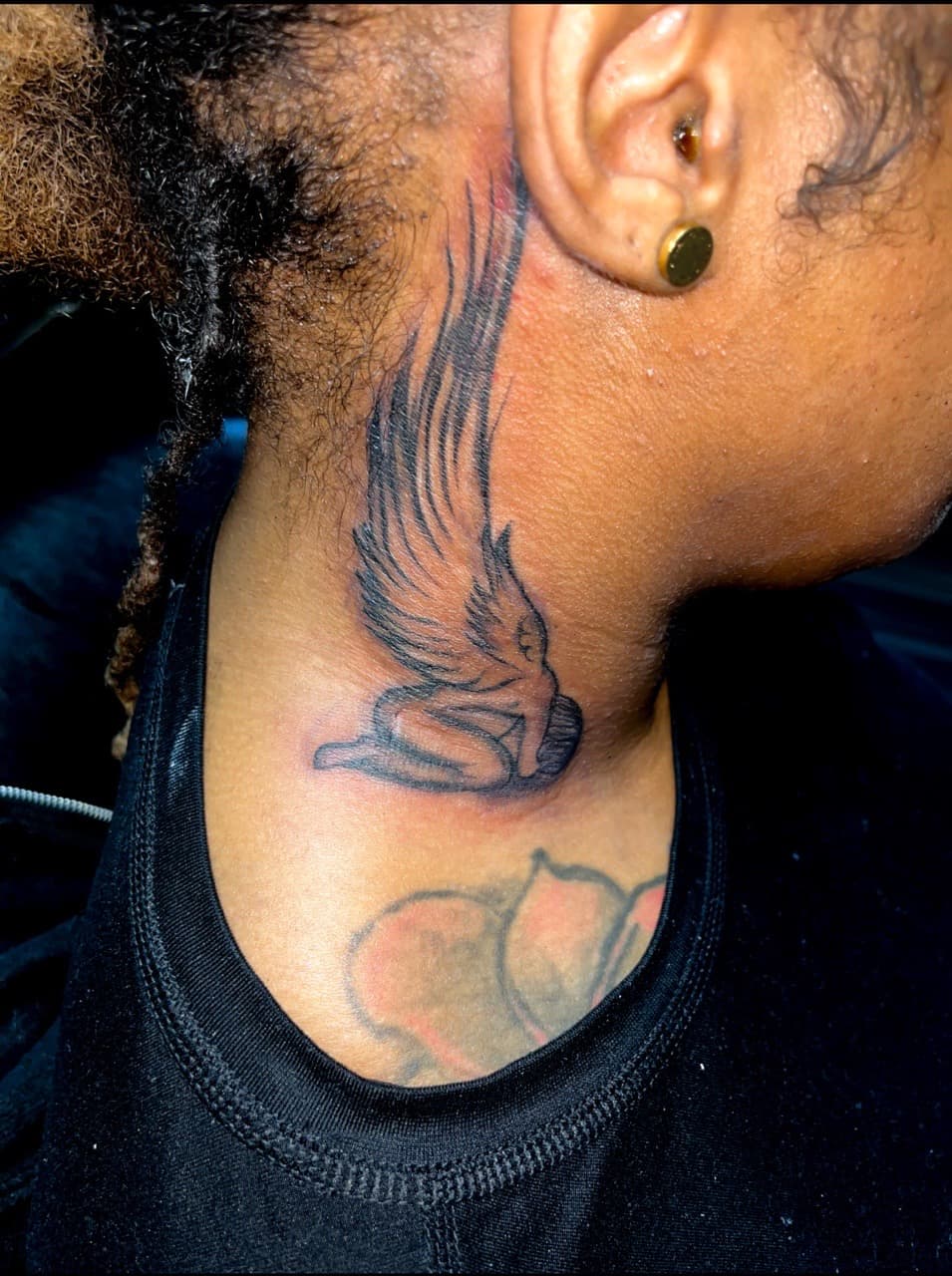 Black-work + Illustrative angel tattoo on Neck (Side) by staylitink on TattMe